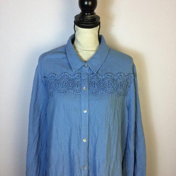 Susan Graver Pure Shirt Tunic Top XL Womans Blue Lace Trim Button Up Long Sleeve - Picture 11 of 16